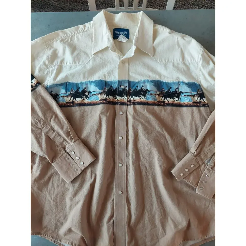 Vintage Wrangler Rodeo Cowboy Horses Print Western Pearl Snap Shirt Size XXL - Picture 8 of 13